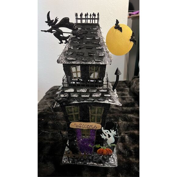 Halloween Haunted House metal candle holder tea lights glitter